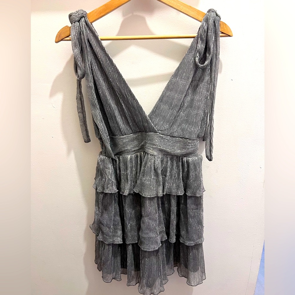 Silver Tiered Dress with Shoulder Ties
